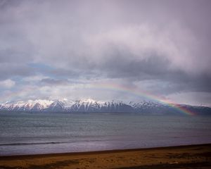 Preview wallpaper mountains, peaks, sea, rainbow, landscape