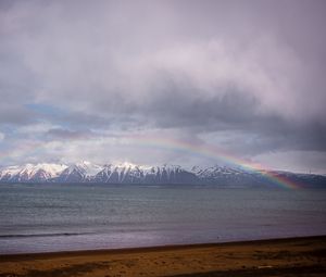 Preview wallpaper mountains, peaks, sea, rainbow, landscape