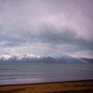 Preview wallpaper mountains, peaks, sea, rainbow, landscape