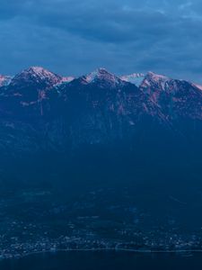 Preview wallpaper mountains, peaks, sea, clouds, nature, dark