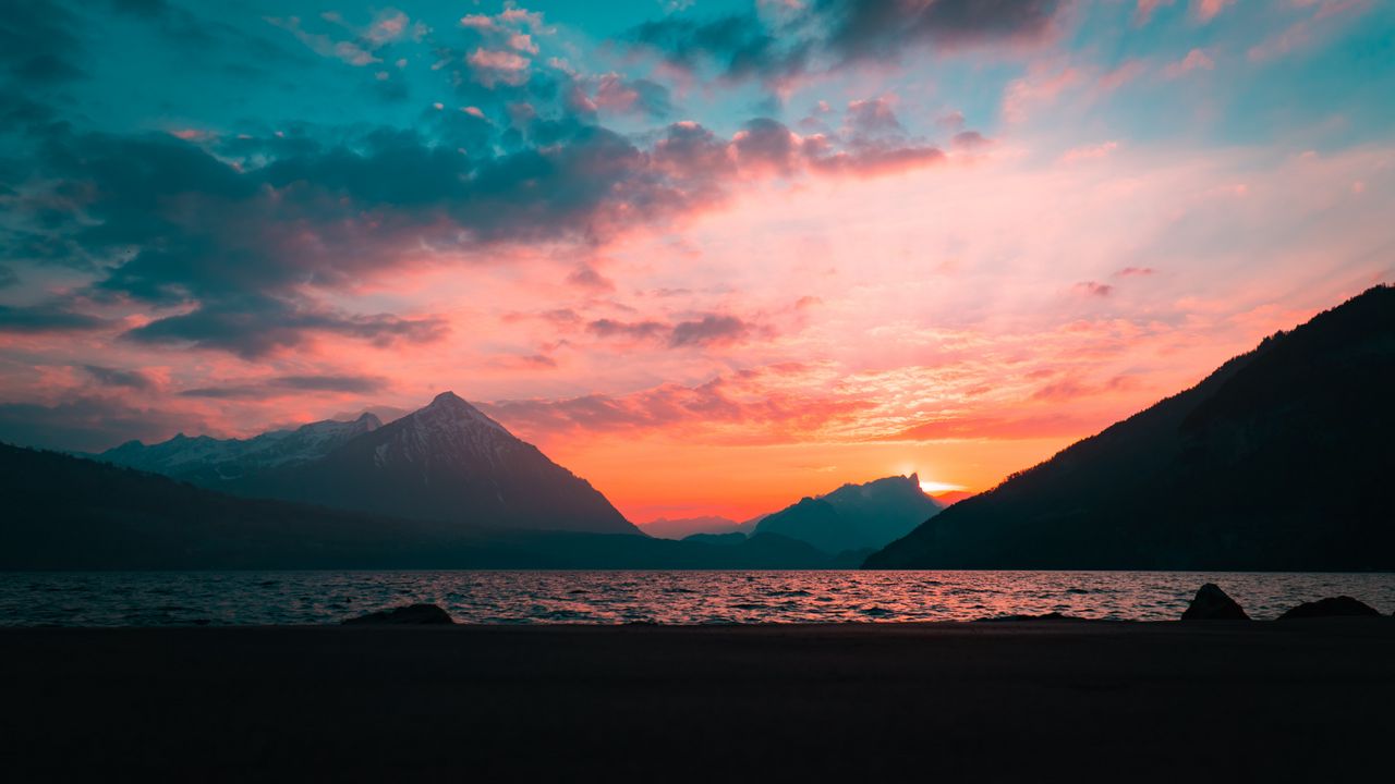 Wallpaper mountains, peaks, sea, sunset, fog