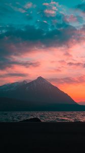 Preview wallpaper mountains, peaks, sea, sunset, fog