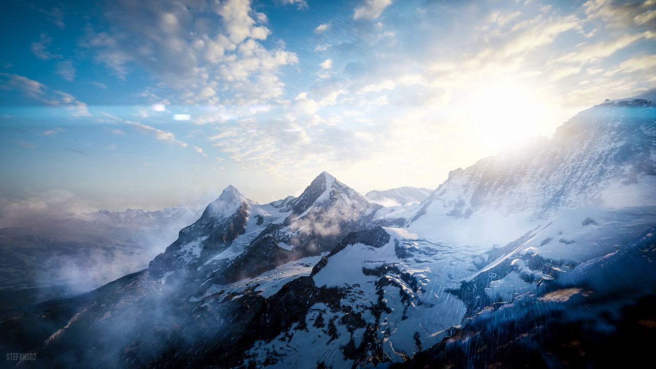 Wallpaper mountains, peaks, sky, snowy, view from above, sunlight