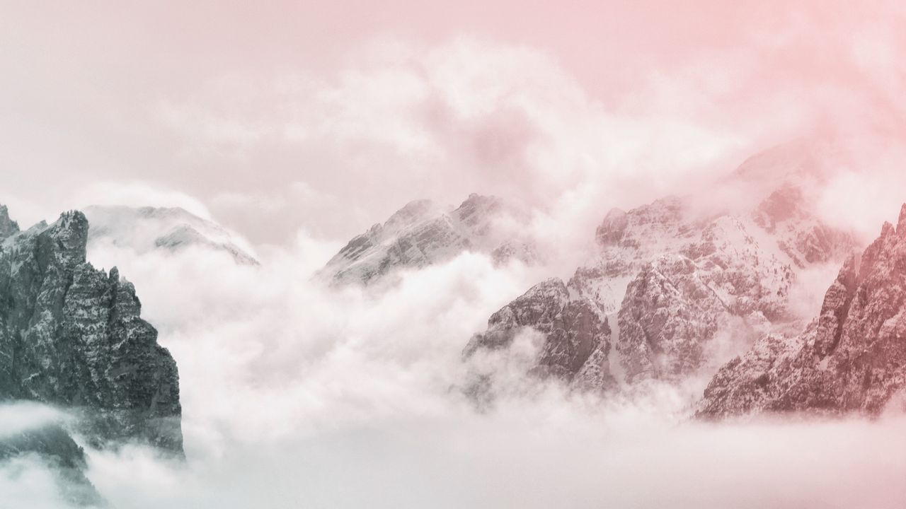 Wallpaper mountains, peaks, sky, clouds, fog, pink
