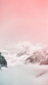 Preview wallpaper mountains, peaks, sky, clouds, fog, pink