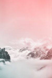 Preview wallpaper mountains, peaks, sky, clouds, fog, pink