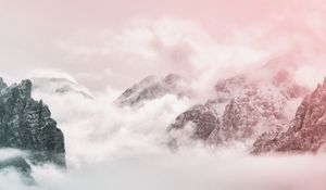 Preview wallpaper mountains, peaks, sky, clouds, fog, pink