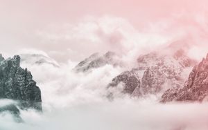 Preview wallpaper mountains, peaks, sky, clouds, fog, pink