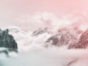 Preview wallpaper mountains, peaks, sky, clouds, fog, pink