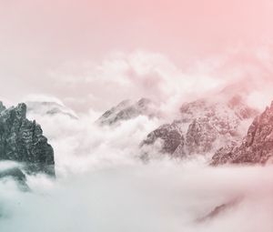 Preview wallpaper mountains, peaks, sky, clouds, fog, pink