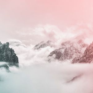Preview wallpaper mountains, peaks, sky, clouds, fog, pink