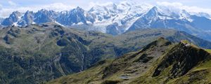 Preview wallpaper mountains, peaks, snow, grass, clouds