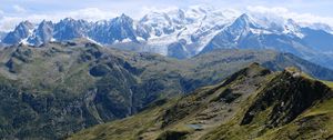 Preview wallpaper mountains, peaks, snow, grass, clouds