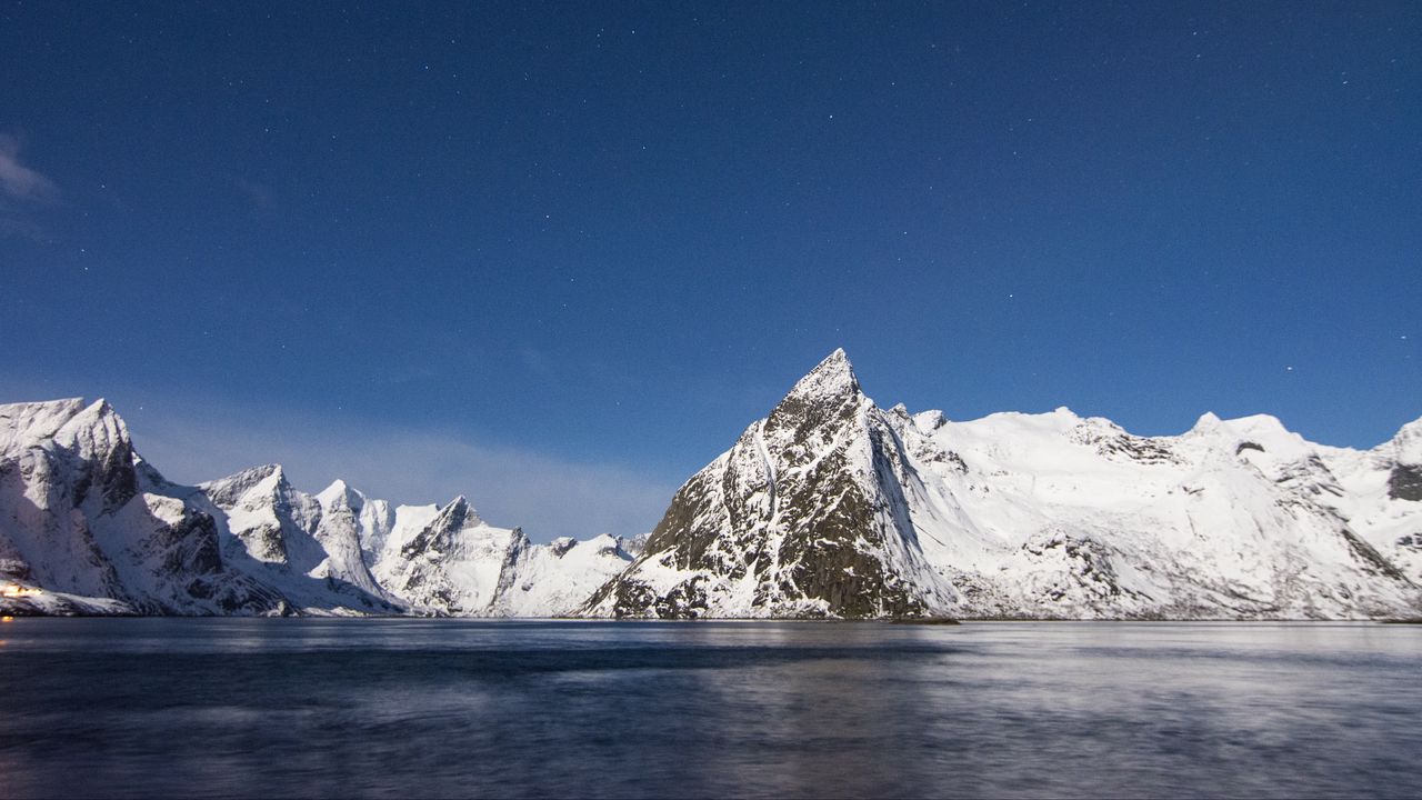 Wallpaper mountains, peaks, snow, sky, lake