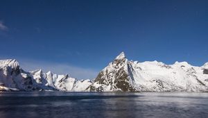 Preview wallpaper mountains, peaks, snow, sky, lake