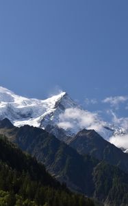 Preview wallpaper mountains, peaks, snow, trees, slope, forest, nature