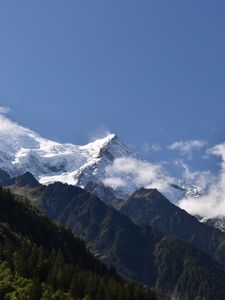 Preview wallpaper mountains, peaks, snow, trees, slope, forest, nature