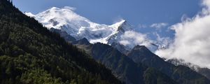 Preview wallpaper mountains, peaks, snow, trees, slope, forest, nature