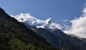 Preview wallpaper mountains, peaks, snow, trees, slope, forest, nature