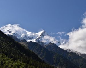 Preview wallpaper mountains, peaks, snow, trees, slope, forest, nature