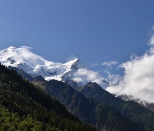 Preview wallpaper mountains, peaks, snow, trees, slope, forest, nature