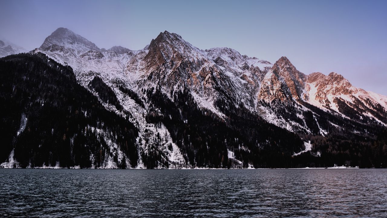 Wallpaper mountains, peaks, snow, river, water