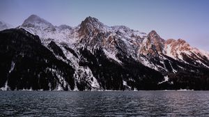 Preview wallpaper mountains, peaks, snow, river, water