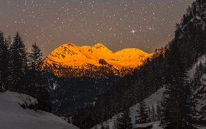 Preview wallpaper mountains, peaks, snow, starry sky, winter