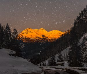 Preview wallpaper mountains, peaks, snow, starry sky, winter