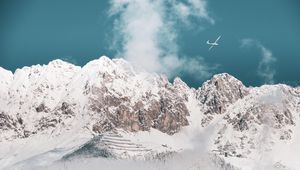 Preview wallpaper mountains, peaks, snow, airplane, clouds