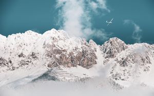 Preview wallpaper mountains, peaks, snow, airplane, clouds