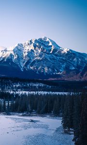 Preview wallpaper mountains, peaks, snow, trees, forest, snowy