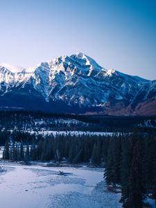 Preview wallpaper mountains, peaks, snow, trees, forest, snowy
