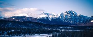 Preview wallpaper mountains, peaks, snow, trees, forest, snowy