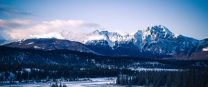 Preview wallpaper mountains, peaks, snow, trees, forest, snowy