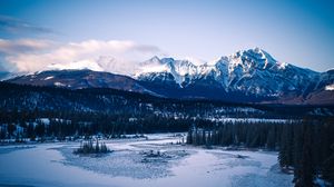 Preview wallpaper mountains, peaks, snow, trees, forest, snowy