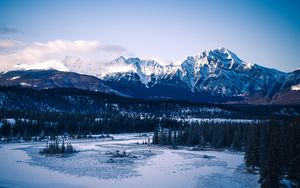 Preview wallpaper mountains, peaks, snow, trees, forest, snowy