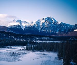 Preview wallpaper mountains, peaks, snow, trees, forest, snowy