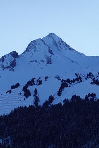 Preview wallpaper mountains, peaks, snow, snowy, forest, trees