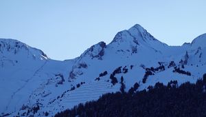 Preview wallpaper mountains, peaks, snow, snowy, forest, trees