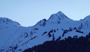 Preview wallpaper mountains, peaks, snow, snowy, forest, trees