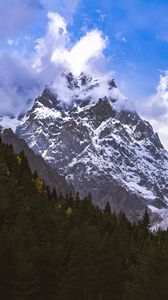 Preview wallpaper mountains, peaks, snow, snowy, slope, trees