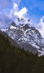 Preview wallpaper mountains, peaks, snow, snowy, slope, trees