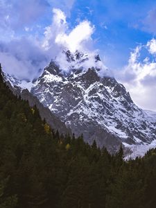 Preview wallpaper mountains, peaks, snow, snowy, slope, trees