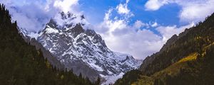 Preview wallpaper mountains, peaks, snow, snowy, slope, trees