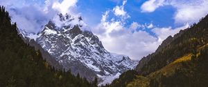 Preview wallpaper mountains, peaks, snow, snowy, slope, trees