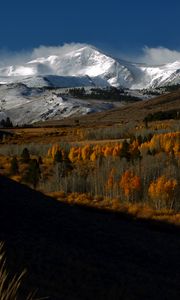 Preview wallpaper mountains, peaks, snow, snowy, trees, landscape