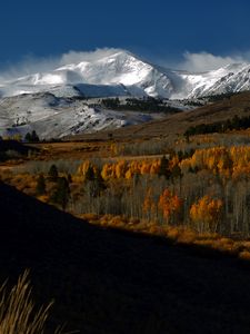 Preview wallpaper mountains, peaks, snow, snowy, trees, landscape