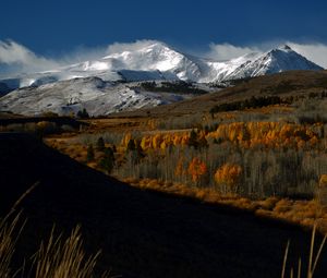 Preview wallpaper mountains, peaks, snow, snowy, trees, landscape