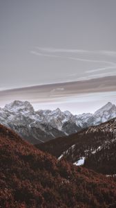 Preview wallpaper mountains, peaks, snowy, trees, sky